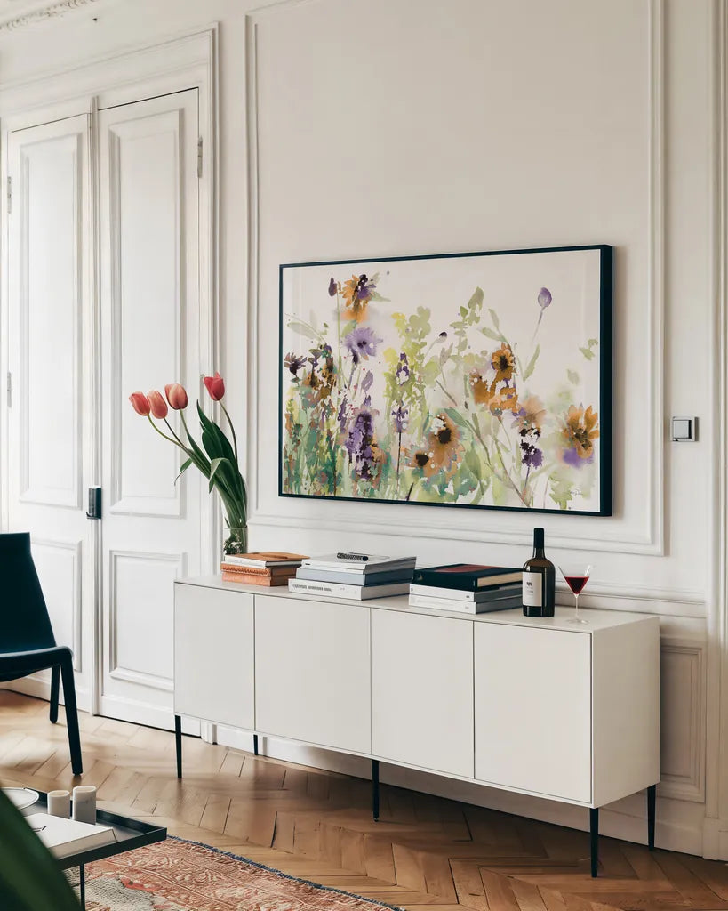 Autumn Meadow Flowers by Katrina Pete. shown as a framed stretched canvas in a living room above a console. Available as a archival giclee rolled canvas, fine art paper, or poster print. SKU 87981i.