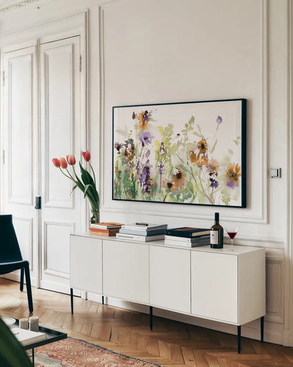 Autumn Meadow Flowers by Katrina Pete. shown as a framed stretched canvas in a living room above a console. Available as a archival giclee rolled canvas, fine art paper, or poster print. SKU 87981i.