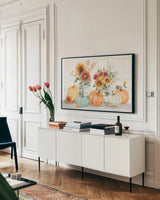 Autumn Ramble VI by Katrina Pete. shown as a framed stretched canvas in a living room above a console. Available as a archival giclee rolled canvas, fine art paper, or poster print. SKU 78917i.