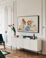 Autumn Ramble VI Navy by Katrina Pete. shown as a framed stretched canvas in a living room above a console. Available as a archival giclee rolled canvas, fine art paper, or poster print. SKU 80421i.