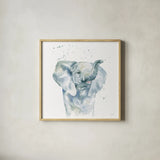 Baby Elephant by Katrina Pete. Shown in a natural wood glass frame for a timeless modern aesthetic. Available as an archival giclee rolled canvas, fine art paper, or poster print. SKU 66162a.