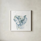 Baby Elephant by Katrina Pete. Shown in a crisp white glass frame for a clean and minimalist style. Available as an archival giclee rolled canvas, fine art paper, or poster print. SKU 66162a.