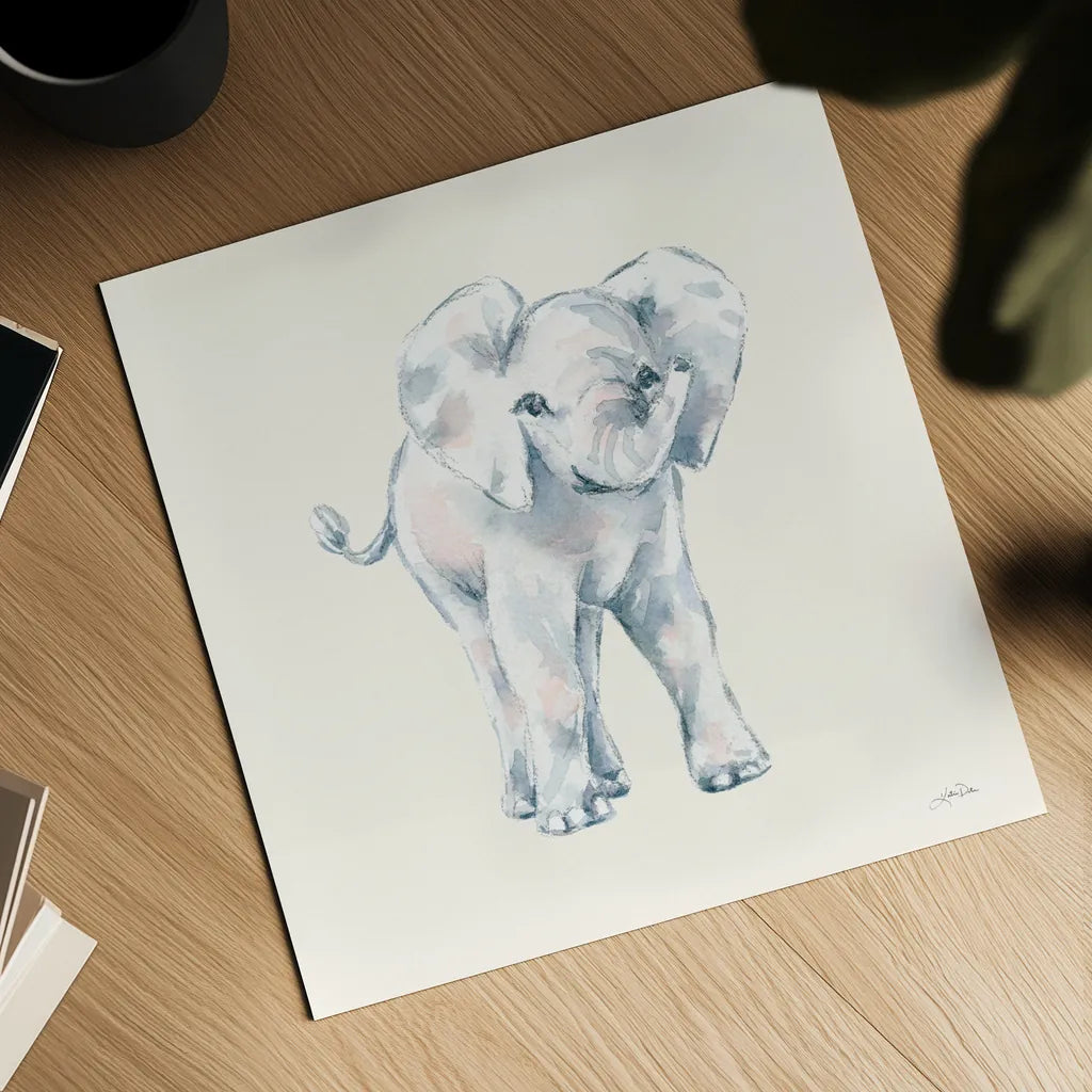 Baby Elephant on Cream by Katrina Pete. Shown as a detailed flat fine art print, highlighting archival giclee quality. Available as an archival giclee rolled canvas, fine art paper, or poster print. SKU 78806a.