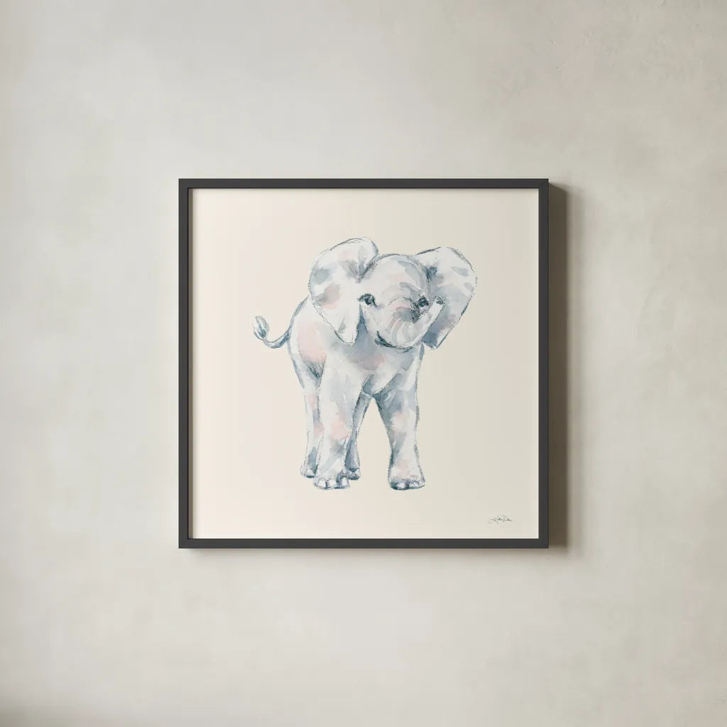 Baby Elephant on Cream by Katrina Pete. Shown in a sleek black glass frame for a contemporary gallery look. Available as an archival giclee rolled canvas, fine art paper, or poster print. SKU 78806a.