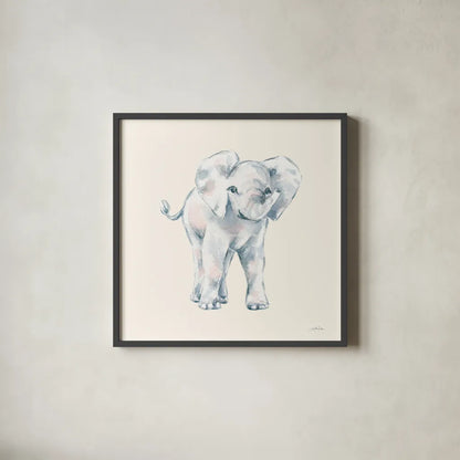 Baby Elephant on Cream by Katrina Pete. Shown in a sleek black glass frame for a contemporary gallery look. Available as an archival giclee rolled canvas, fine art paper, or poster print. SKU 78806a.
