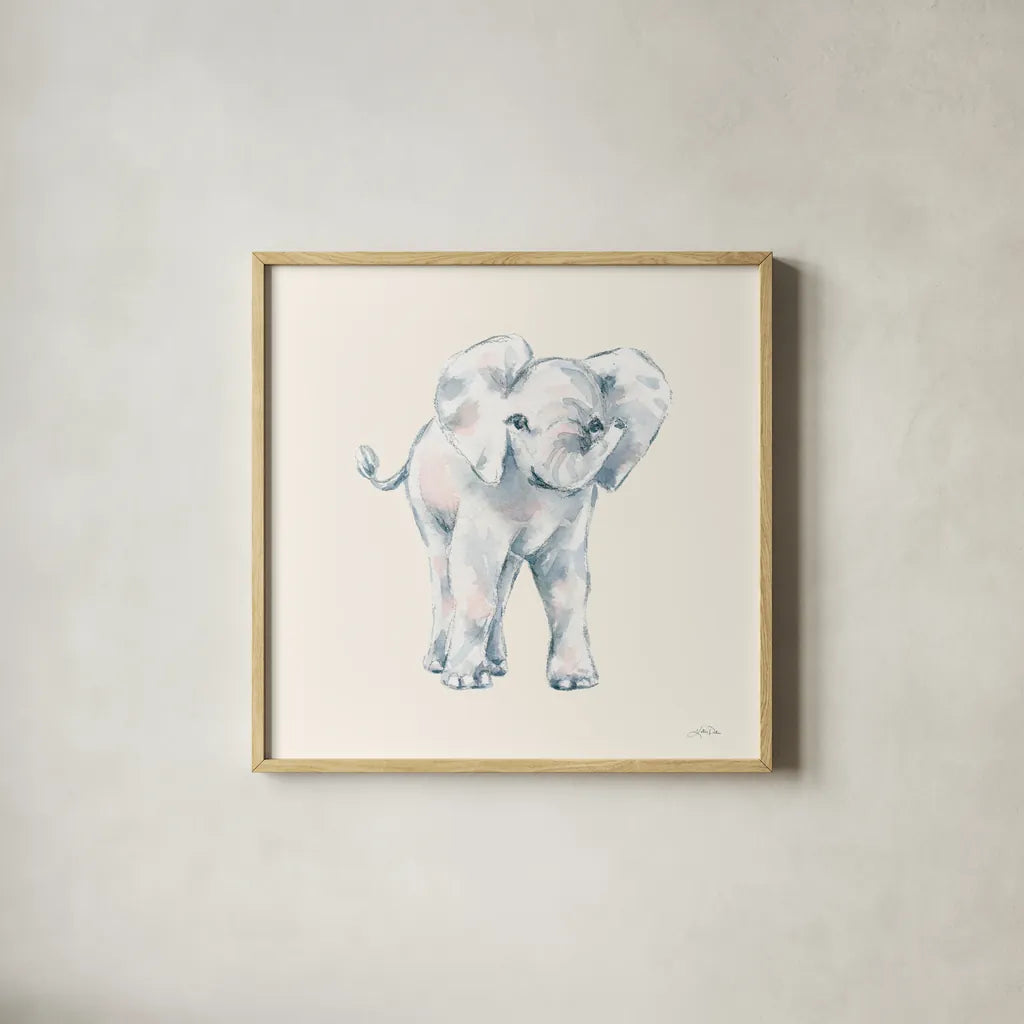 Baby Elephant on Cream by Katrina Pete. Shown in a natural wood glass frame for a timeless modern aesthetic. Available as an archival giclee rolled canvas, fine art paper, or poster print. SKU 78806a.