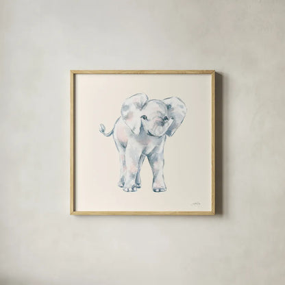 Baby Elephant on Cream by Katrina Pete. Shown in a natural wood glass frame for a timeless modern aesthetic. Available as an archival giclee rolled canvas, fine art paper, or poster print. SKU 78806a.