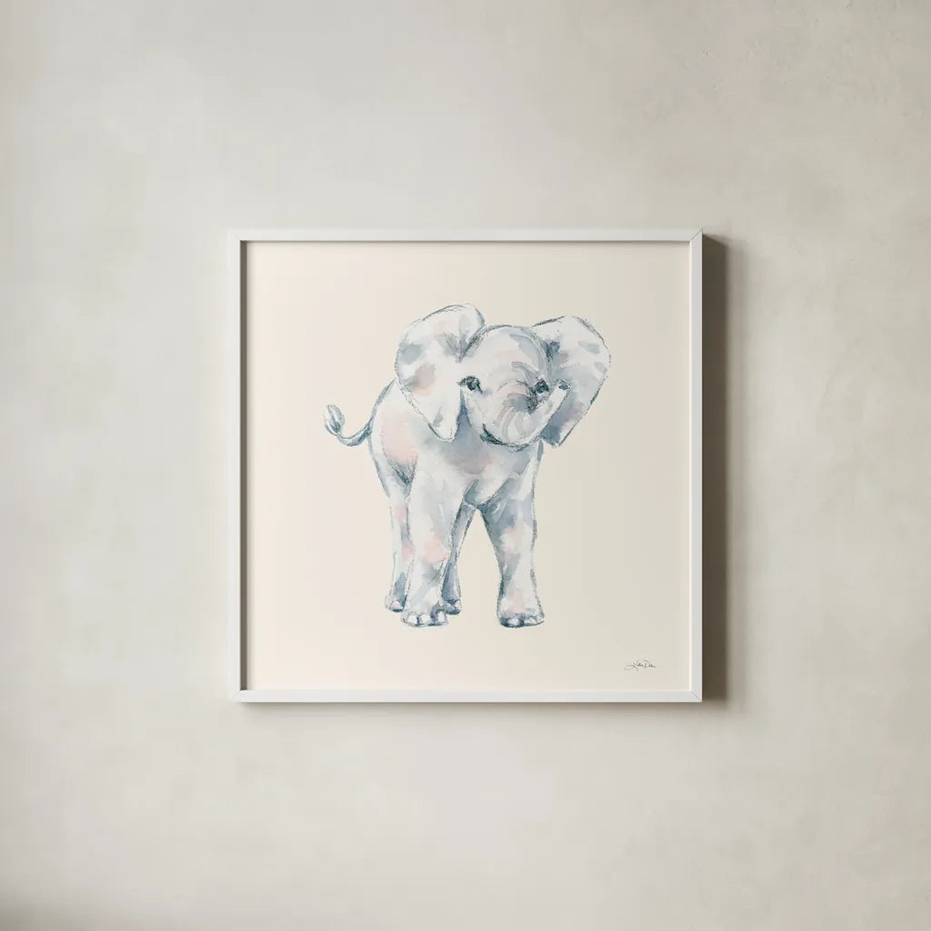 Baby Elephant on Cream by Katrina Pete. Shown in a crisp white glass frame for a clean and minimalist style. Available as an archival giclee rolled canvas, fine art paper, or poster print. SKU 78806a.