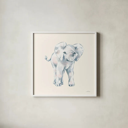 Baby Elephant on Cream by Katrina Pete. Shown in a crisp white glass frame for a clean and minimalist style. Available as an archival giclee rolled canvas, fine art paper, or poster print. SKU 78806a.