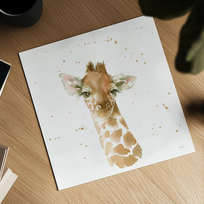 Baby Giraffe by Katrina Pete. Shown as a detailed flat fine art print, highlighting archival giclee quality. Available as an archival giclee rolled canvas, fine art paper, or poster print. SKU 66163a.