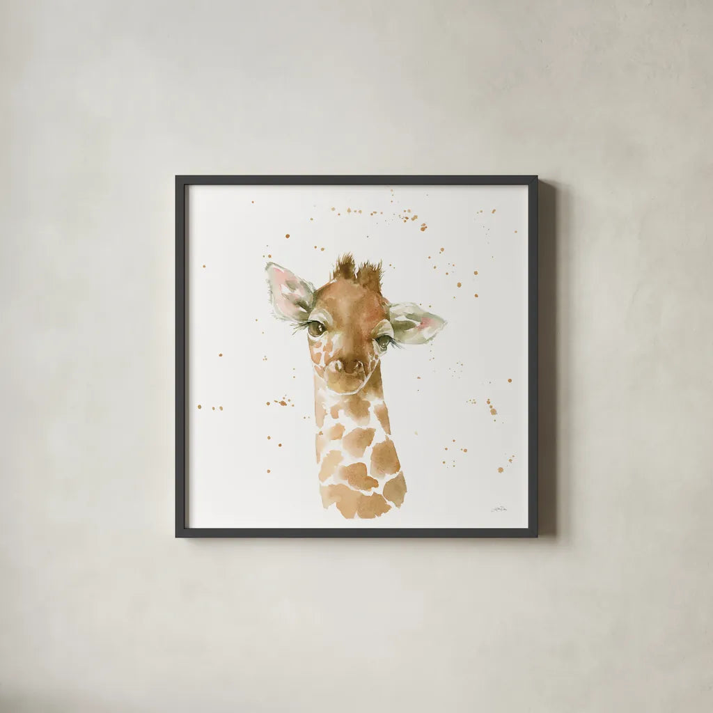 Baby Giraffe by Katrina Pete. Shown in a sleek black glass frame for a contemporary gallery look. Available as an archival giclee rolled canvas, fine art paper, or poster print. SKU 66163a.