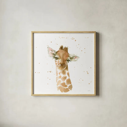 Baby Giraffe by Katrina Pete. Shown in a natural wood glass frame for a timeless modern aesthetic. Available as an archival giclee rolled canvas, fine art paper, or poster print. SKU 66163a.