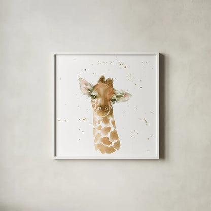 Baby Giraffe by Katrina Pete. Shown in a crisp white glass frame for a clean and minimalist style. Available as an archival giclee rolled canvas, fine art paper, or poster print. SKU 66163a.