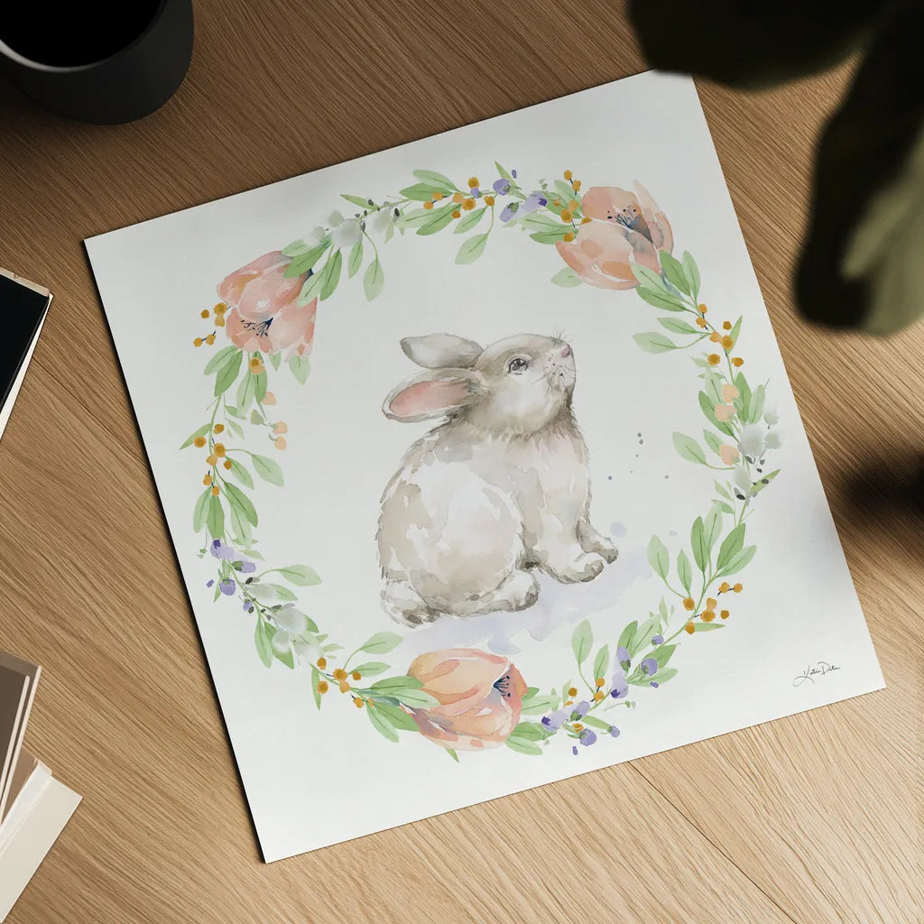 Blooming Bunnies I by Katrina Pete. Shown as a detailed flat fine art print, highlighting archival giclee quality. Available as an archival giclee rolled canvas, fine art paper, or poster print. SKU 84605a.