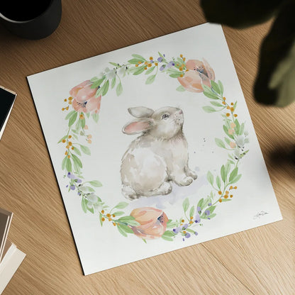 Blooming Bunnies I by Katrina Pete. Shown as a detailed flat fine art print, highlighting archival giclee quality. Available as an archival giclee rolled canvas, fine art paper, or poster print. SKU 84605a.