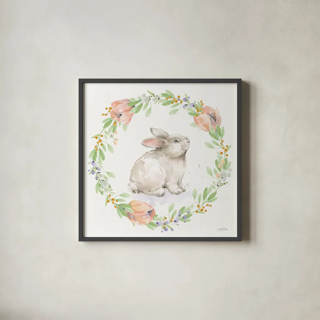 Blooming Bunnies I by Katrina Pete. Shown in a sleek black glass frame for a contemporary gallery look. Available as an archival giclee rolled canvas, fine art paper, or poster print. SKU 84605a.