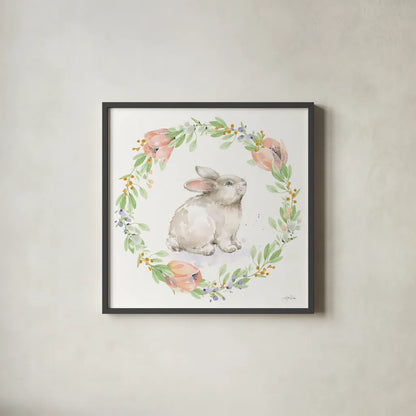 Blooming Bunnies I by Katrina Pete. Shown in a sleek black glass frame for a contemporary gallery look. Available as an archival giclee rolled canvas, fine art paper, or poster print. SKU 84605a.
