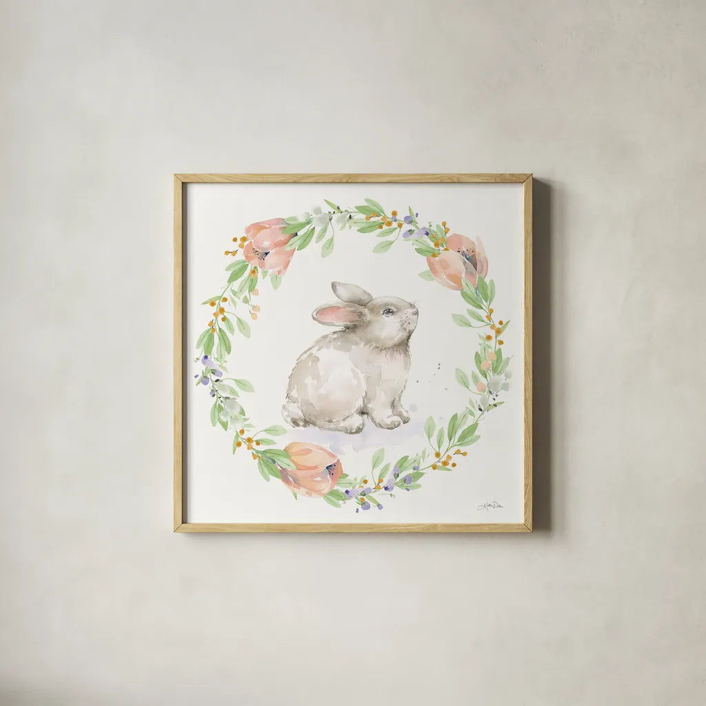 Blooming Bunnies I by Katrina Pete. Shown in a natural wood glass frame for a timeless modern aesthetic. Available as an archival giclee rolled canvas, fine art paper, or poster print. SKU 84605a.