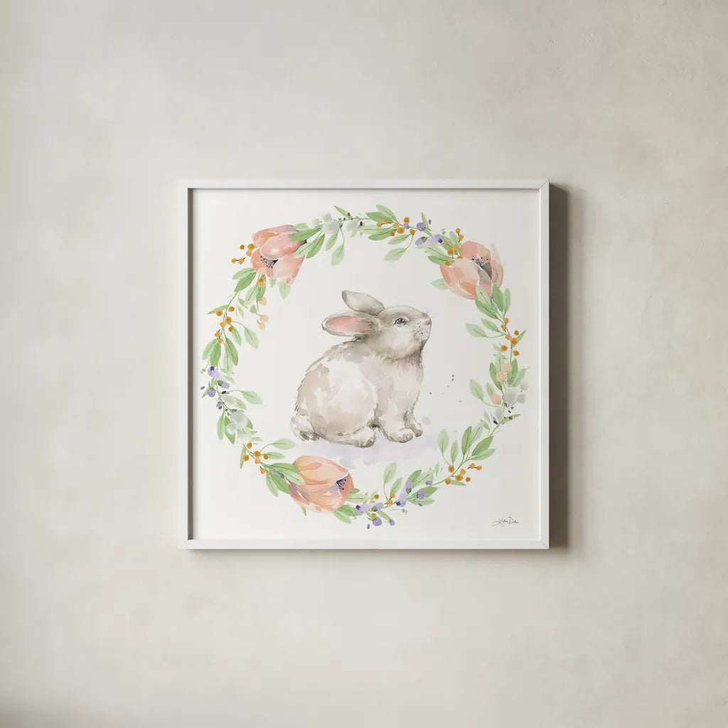 Blooming Bunnies I by Katrina Pete. Shown in a crisp white glass frame for a clean and minimalist style. Available as an archival giclee rolled canvas, fine art paper, or poster print. SKU 84605a.