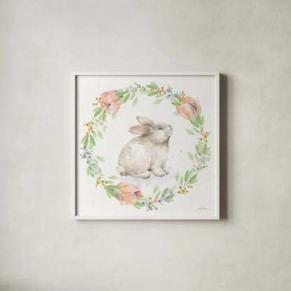 Blooming Bunnies I by Katrina Pete. Shown in a crisp white glass frame for a clean and minimalist style. Available as an archival giclee rolled canvas, fine art paper, or poster print. SKU 84605a.
