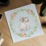 Blooming Bunnies I Blue by Katrina Pete. Shown as a detailed flat fine art print, highlighting archival giclee quality. Available as an archival giclee rolled canvas, fine art paper, or poster print. SKU 89676a.