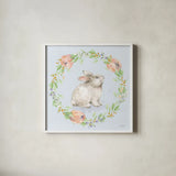 Blooming Bunnies I Blue by Katrina Pete. Shown in a crisp white glass frame for a clean and minimalist style. Available as an archival giclee rolled canvas, fine art paper, or poster print. SKU 89676a.