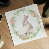 Blooming Bunnies II by Katrina Pete. Shown as a detailed flat fine art print, highlighting archival giclee quality. Available as an archival giclee rolled canvas, fine art paper, or poster print. SKU 84606a.