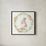 Blooming Bunnies II by Katrina Pete. Shown in a sleek black glass frame for a contemporary gallery look. Available as an archival giclee rolled canvas, fine art paper, or poster print. SKU 84606a.
