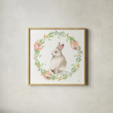 Blooming Bunnies II by Katrina Pete. Shown in a natural wood glass frame for a timeless modern aesthetic. Available as an archival giclee rolled canvas, fine art paper, or poster print. SKU 84606a.