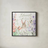 Blooming Bunnies III by Katrina Pete. Shown in a sleek black glass frame for a contemporary gallery look. Available as an archival giclee rolled canvas, fine art paper, or poster print. SKU 84607a.
