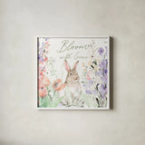 Blooming Bunnies III by Katrina Pete. Shown in a crisp white glass frame for a clean and minimalist style. Available as an archival giclee rolled canvas, fine art paper, or poster print. SKU 84607a.