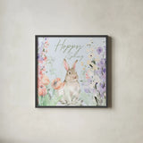Blooming Bunnies III Hoppy by Katrina Pete. Shown in a sleek black glass frame for a contemporary gallery look. Available as an archival giclee rolled canvas, fine art paper, or poster print. SKU 89677a.