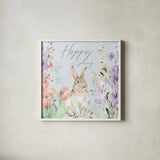 Blooming Bunnies III Hoppy by Katrina Pete. Shown in a crisp white glass frame for a clean and minimalist style. Available as an archival giclee rolled canvas, fine art paper, or poster print. SKU 89677a.