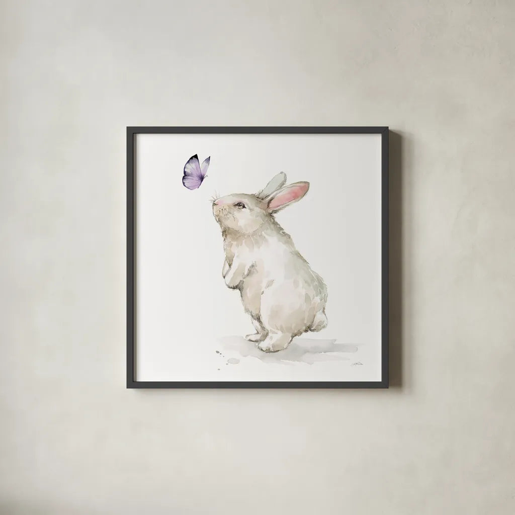 Blooming Bunnies IV by Katrina Pete. Shown in a sleek black glass frame for a contemporary gallery look. Available as an archival giclee rolled canvas, fine art paper, or poster print. SKU 83660a.