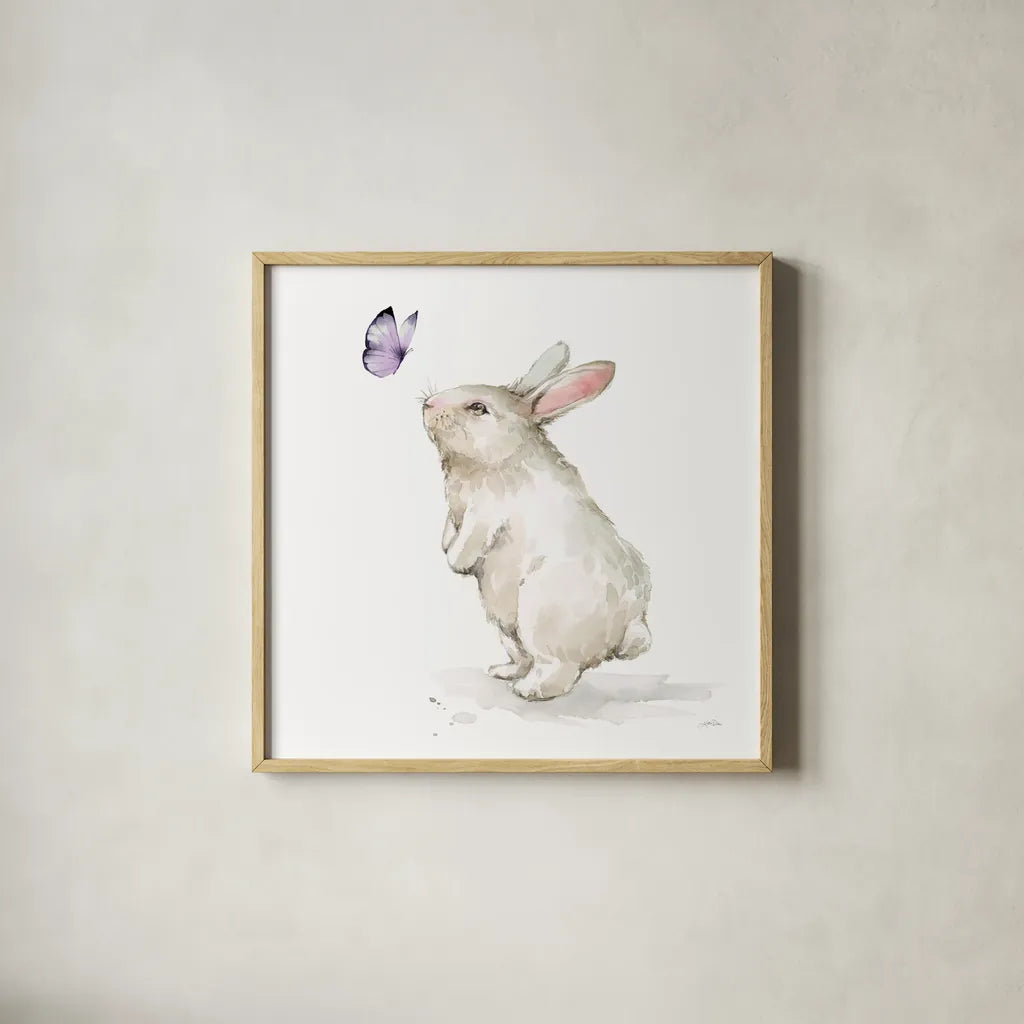 Blooming Bunnies IV by Katrina Pete. Shown in a natural wood glass frame for a timeless modern aesthetic. Available as an archival giclee rolled canvas, fine art paper, or poster print. SKU 83660a.