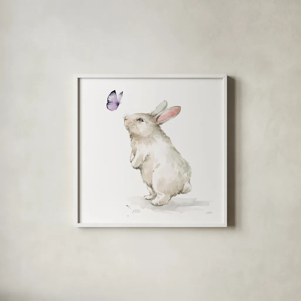 Blooming Bunnies IV by Katrina Pete. Shown in a crisp white glass frame for a clean and minimalist style. Available as an archival giclee rolled canvas, fine art paper, or poster print. SKU 83660a.