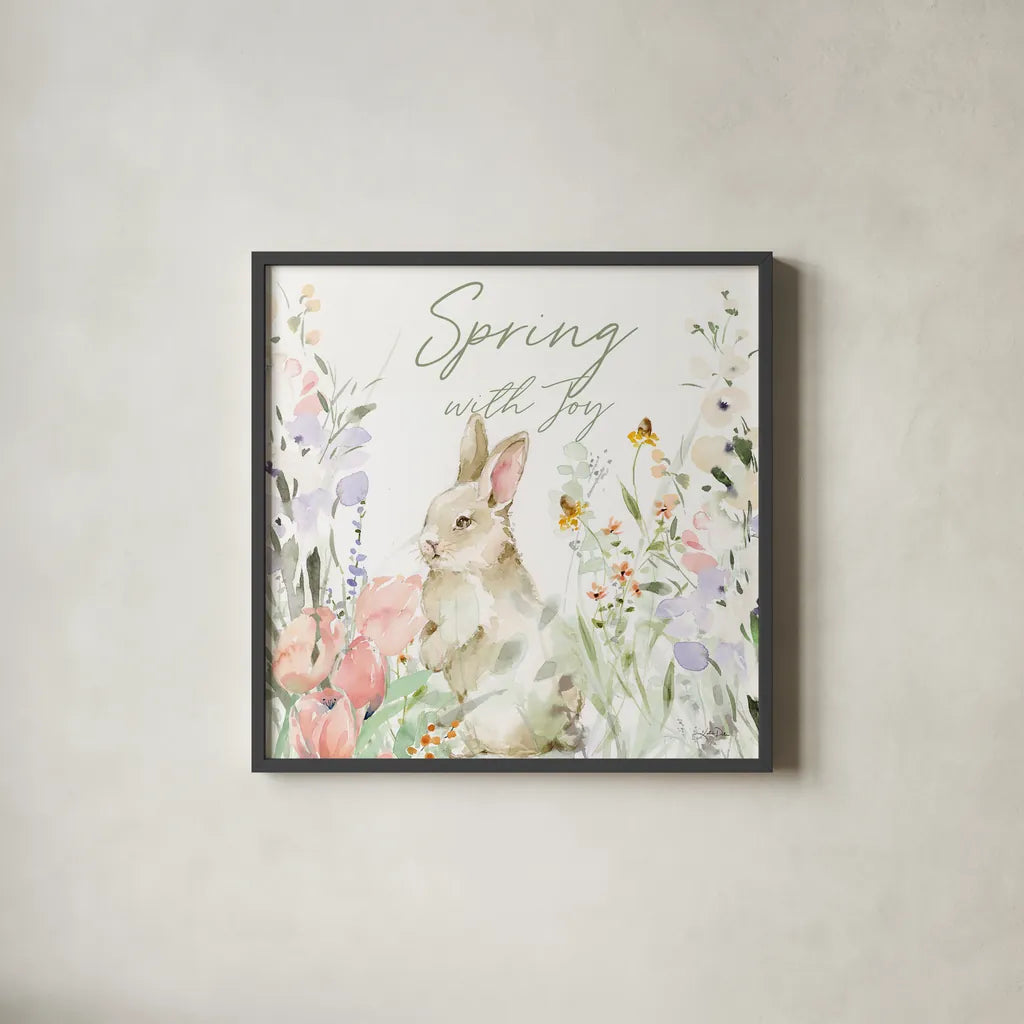 Blooming Bunnies IV by Katrina Pete. Shown in a sleek black glass frame for a contemporary gallery look. Available as an archival giclee rolled canvas, fine art paper, or poster print. SKU 84608a.