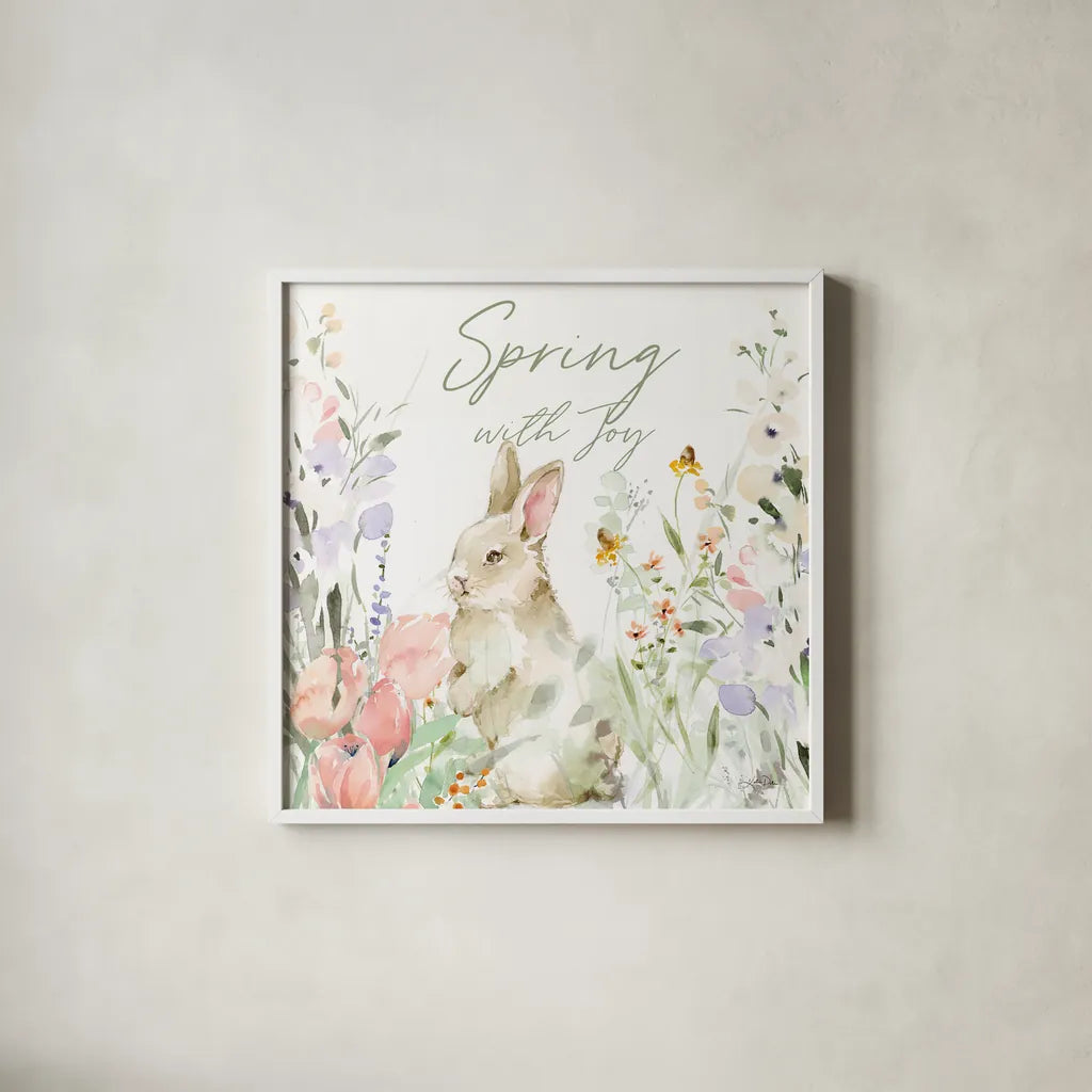 Blooming Bunnies IV by Katrina Pete. Shown in a crisp white glass frame for a clean and minimalist style. Available as an archival giclee rolled canvas, fine art paper, or poster print. SKU 84608a.