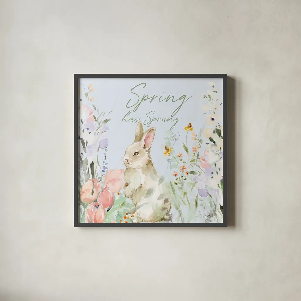 Blooming Bunnies IV Spring by Katrina Pete. Shown in a sleek black glass frame for a contemporary gallery look. Available as an archival giclee rolled canvas, fine art paper, or poster print. SKU 89678a.