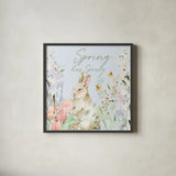 Blooming Bunnies IV Spring by Katrina Pete. Shown in a sleek black glass frame for a contemporary gallery look. Available as an archival giclee rolled canvas, fine art paper, or poster print. SKU 89678a.