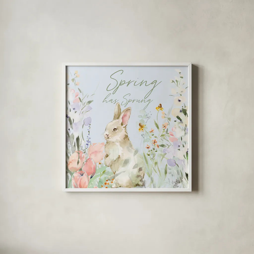 Blooming Bunnies IV Spring by Katrina Pete. Shown in a crisp white glass frame for a clean and minimalist style. Available as an archival giclee rolled canvas, fine art paper, or poster print. SKU 89678a.