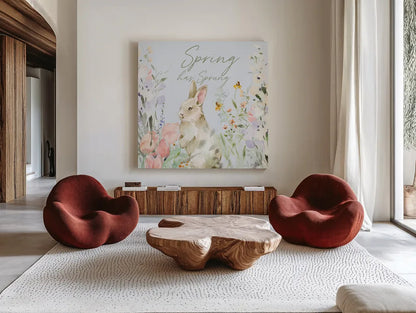 Blooming Bunnies IV Spring by Katrina Pete. Shown as extra-large giant wall art in a modern living room. Available as an archival giclee rolled canvas, fine art paper, or poster print. SKU 89678a.