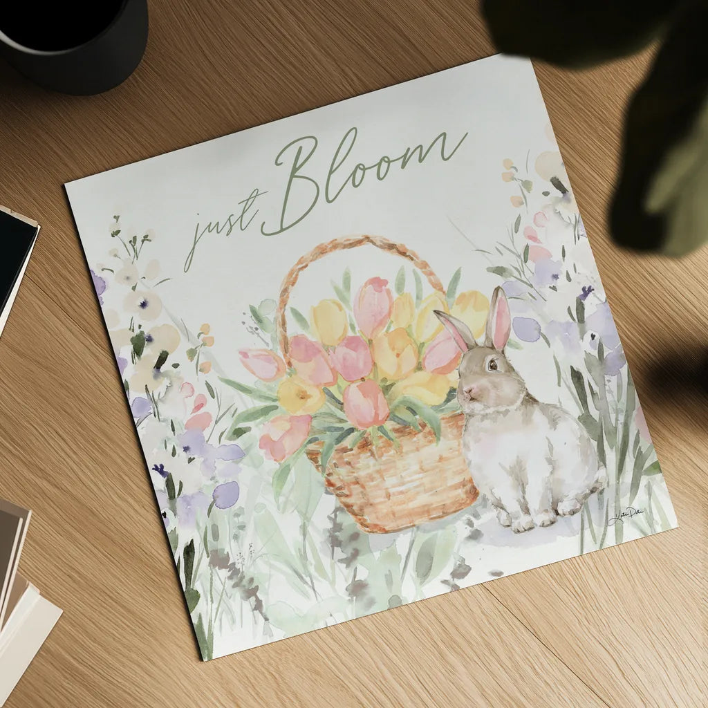 Blooming Bunnies V by Katrina Pete. Shown as a detailed flat fine art print, highlighting archival giclee quality. Available as an archival giclee rolled canvas, fine art paper, or poster print. SKU 96174a.