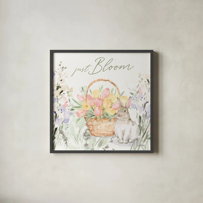 Blooming Bunnies V by Katrina Pete. Shown in a sleek black glass frame for a contemporary gallery look. Available as an archival giclee rolled canvas, fine art paper, or poster print. SKU 96174a.