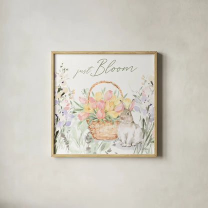 Blooming Bunnies V by Katrina Pete. Shown in a natural wood glass frame for a timeless modern aesthetic. Available as an archival giclee rolled canvas, fine art paper, or poster print. SKU 96174a.
