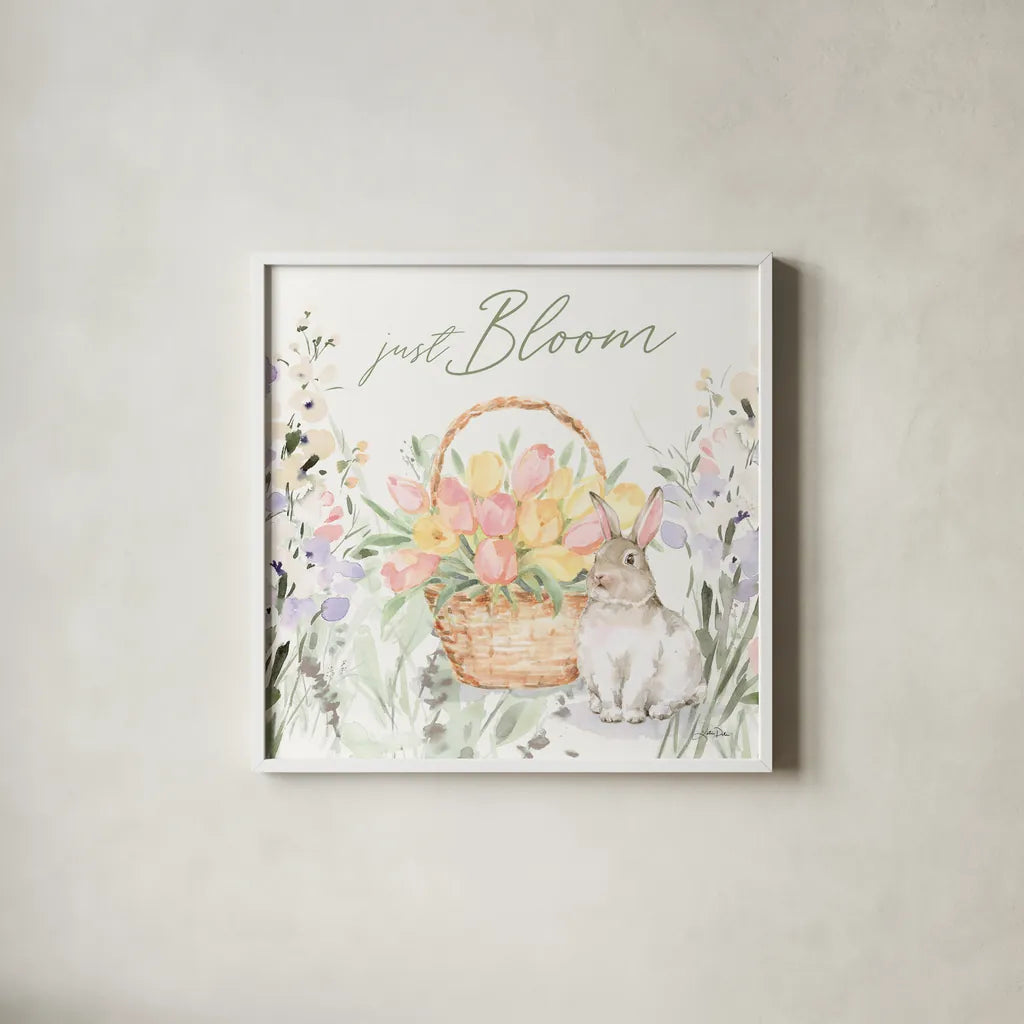 Blooming Bunnies V by Katrina Pete. Shown in a crisp white glass frame for a clean and minimalist style. Available as an archival giclee rolled canvas, fine art paper, or poster print. SKU 96174a.