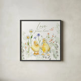 Blooming Bunnies VI by Katrina Pete. Shown in a sleek black glass frame for a contemporary gallery look. Available as an archival giclee rolled canvas, fine art paper, or poster print. SKU 96175a.