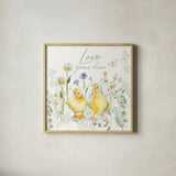 Blooming Bunnies VI by Katrina Pete. Shown in a natural wood glass frame for a timeless modern aesthetic. Available as an archival giclee rolled canvas, fine art paper, or poster print. SKU 96175a.