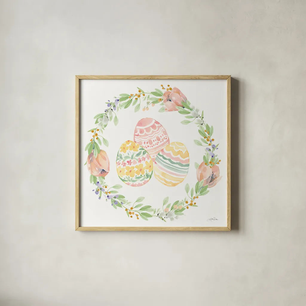 Blooming Bunnies VII by Katrina Pete. Shown in a natural wood glass frame for a timeless modern aesthetic. Available as an archival giclee rolled canvas, fine art paper, or poster print. SKU 96176a.