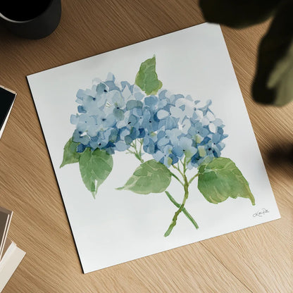 Blue Hydrangea II by Katrina Pete. Shown as a detailed flat fine art print, highlighting archival giclee quality. Available as an archival giclee rolled canvas, fine art paper, or poster print. SKU 96896a.